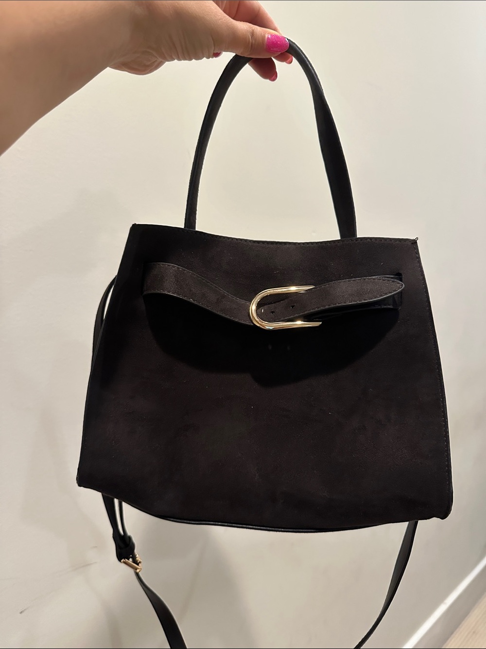 H&M Black Suede Top-Handle Tote with Gold Buckle